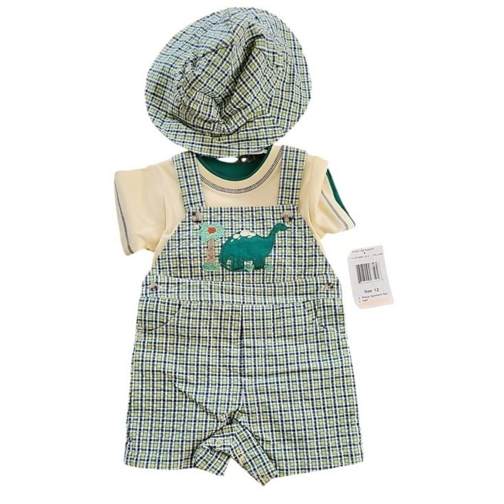 Good Lad Boys 12M Dinosaur Plaid Shortall Tee Bucket Hat 3pc Set Green Yellow